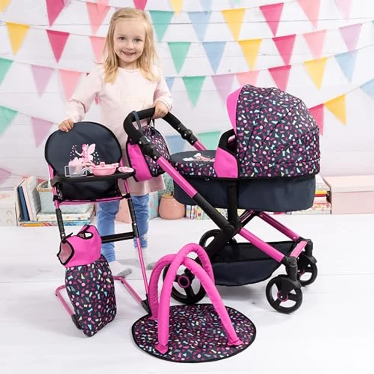 Bayer Design 17080AB Puppenwagen Xeo, Verstellbarer Griff, Schwenkschieber, Jogger, Schlafsack, Hochstuhl, Spielbogen, Rosa, Schwarz – Bild 5