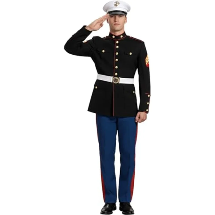 Maskworld Marine Corps Kadett Kostüm (XL), authentische Jacke in Schwarz mit roten Streifen, Marineblaue Hose und Kadettenmütze – Bild 2