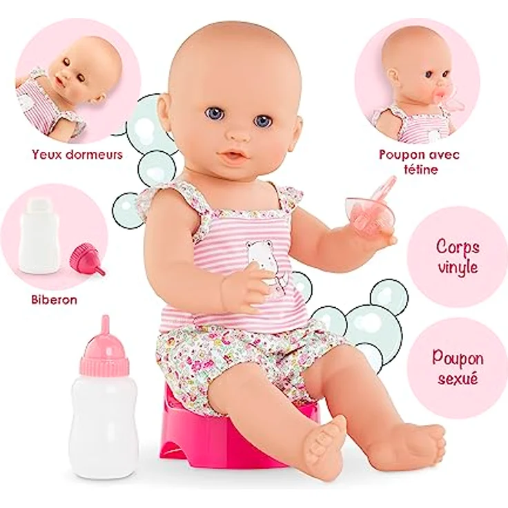 Corolle Emma Trink und Näss Badebaby, Vollvinylpuppe mit Schlafaugen, Trink und Nässfunktion, Schnuller, Flasche, Töpfchen, Vanilleduft, 36cm, ab 2 Jahren – Bild 2