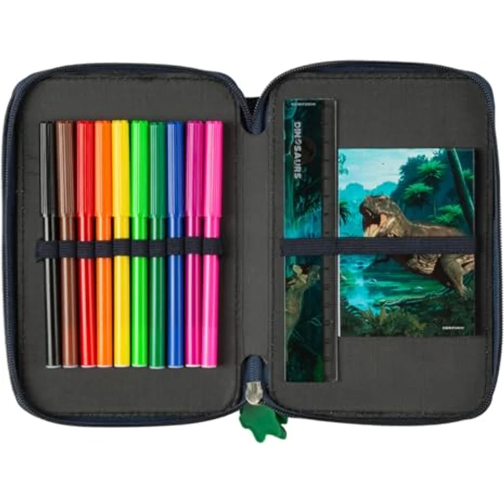 Derform Dino Federtasche Giganotosaurus, gefülltes 2-Fach Federmäppchen mit 10 Buntstiften, 8 Filzstiften, Radiergummi, Spitzer, Lineal und Bleistiften – Bild 2