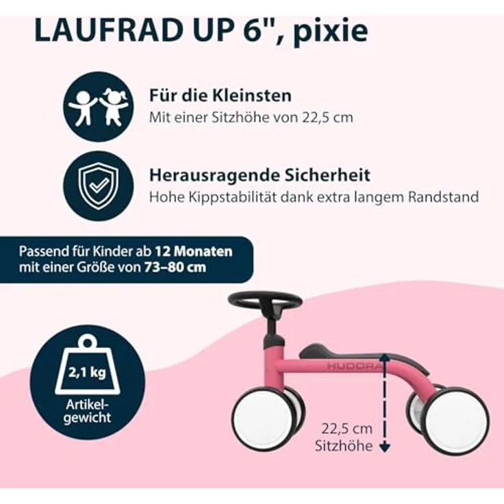 HUDORA Laufrad Up 6 Zoll Pixie, leichtes Lauflernrad für Kinder ab 12 Monaten, hohe Kippstabilität, max. Gewicht 20 kg, 4 Räder, geeignet für 73-80 cm Körpergröße – Bild 2
