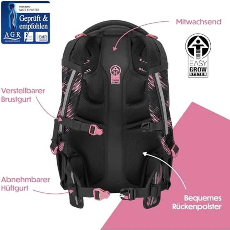 Coocazoo Schulrucksack Porter „Pink Illusion”, ergonomischer Tornister, höhenverstellbar, 30-35 Liter Stauraum, schwarz-pink, mit Brust- und Hüftgurt, ab 3. Klasse – Bild 4