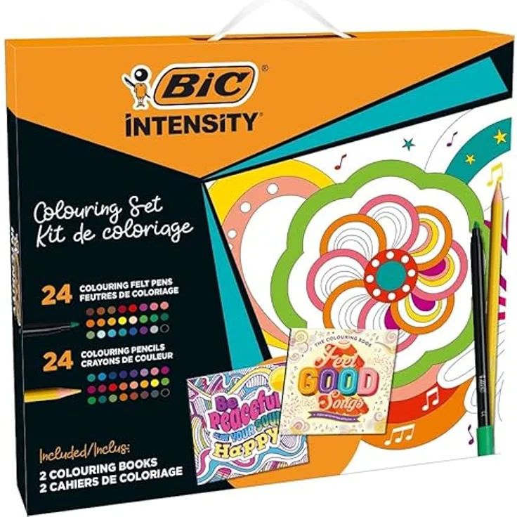 BIC Intensity Stifte Set Be Peaceful, Kreativ Set für Erwachsene und Teenager: 24 Buntstifte & 24 Filzstifte und 2 Malbücher, 1 Stück (48er Pack)