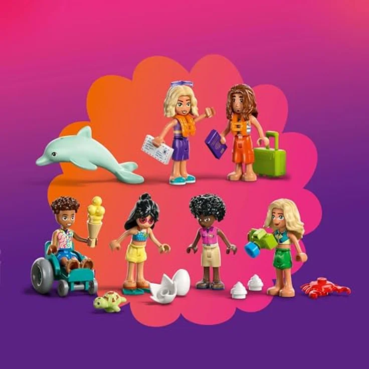 LEGO Friends 42673 Familienurlaub im Strandresort Bausatz, inkl. 6 Minifiguren, Delfin und Schildkröte, 1140 Teile, Mehrfarbig – Bild 7