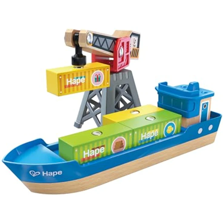 Hape Spielzeug-Schiff Frachtschiff mit Hafenkran, magnetischer Kran zum Entladen und Containerstapeln – Bild 1
