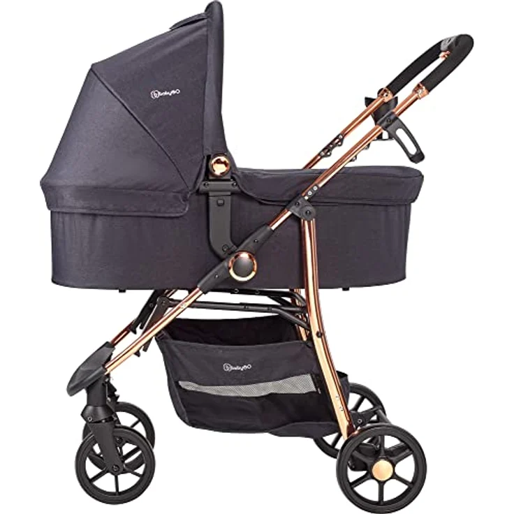 BABYGO Kinderwagen 3 in 1 Styles - Kombikinderwagen Komplettset mit Babywanne, Buggy Sportsitz und Auto-Babyschale - Wickeltasche/Regenschutz/Matratze - Schwarz/Rosegold – Bild 4