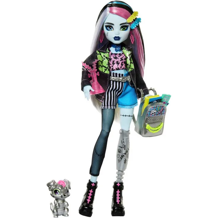 MonsterHigh™ Anziehpuppe Monster High, Frankie Stein mit Haustier Watzie, Patchwork-Jeans-Outfit