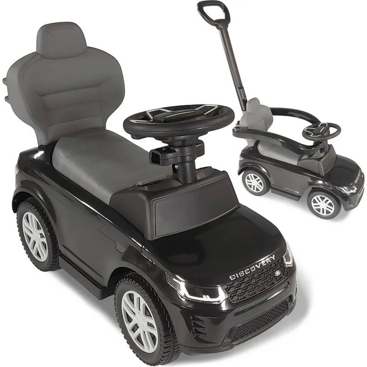 Lemodo Rutscherauto Land Rover mit Schiebestange, Kinderfahrzeug mit Soundlenkrad, 65x28x41cm, schwarz oder weiß, ab 12 Monate, offiziell lizenziert
