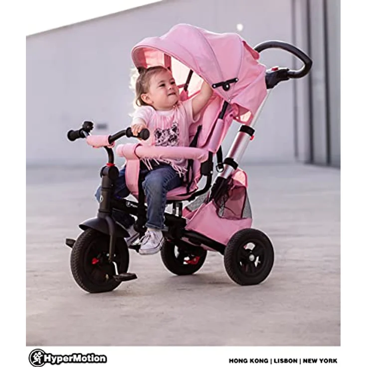 HyperMotion Kinderdreirad Tobi Velar, mit Schubstange, drehbarem Komfort-Sitz, Sicherheitsgurten, faltbarem Rahmen, gepumpte Räder, Elterngriff, Regenmantel, pink, geeignet für 9 Monate bis 5 Jahre – Bild 4