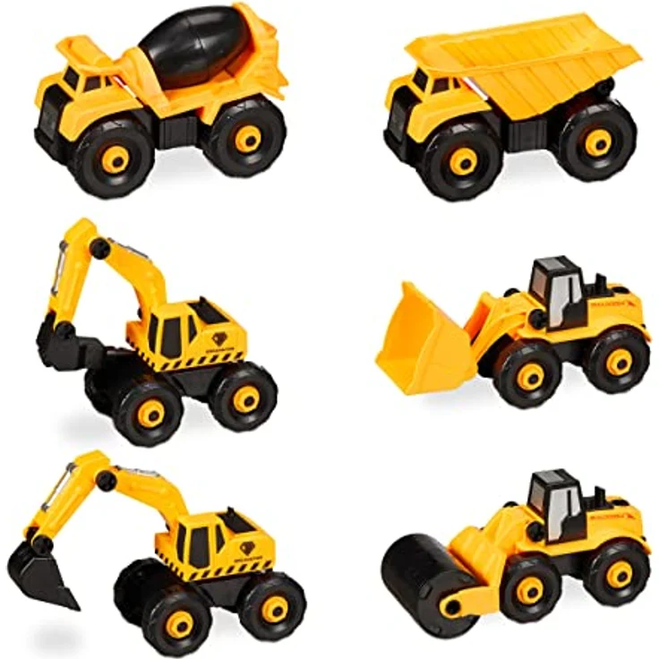 Relaxdays Baustellenfahrzeuge Kinder, 6-TLG. Set, Bagger Spielzeug, DIY, Schraubendreher, Box, ab 3 Jahre, gelb-schwarz – Bild 1