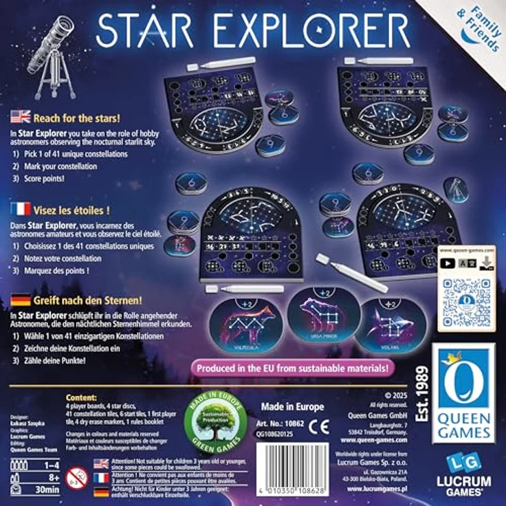 Queen Games Star Explorer INT, Brettspiel für 1-4 Personen, schnelle Spielvorbereitung und individuelle Sternenkonstellationen, ab 8 Jahren – Bild 3