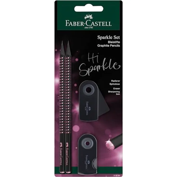 Faber-Castell Schreibset Sparkle Midnight Rose, 2 Bleistifte mit Härtegrad B, Radierer und Anspitzer mit Behälter