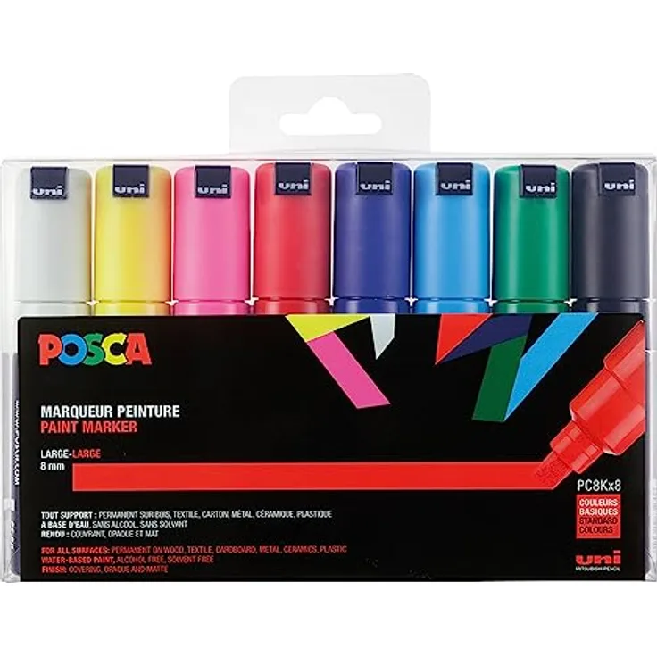 uni-ball 182608 - POSCA Marker mit breiter Keilspitze, 8er Set, Grundfarben