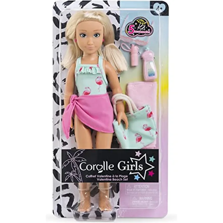 Corolle 9000600110 Girls Valentine Set, Ankleidepuppe im süßen Beach Outfit und 5 Teile, Vanilleduft, 28cm, ab 4 Jahre, Mehrfarbig
