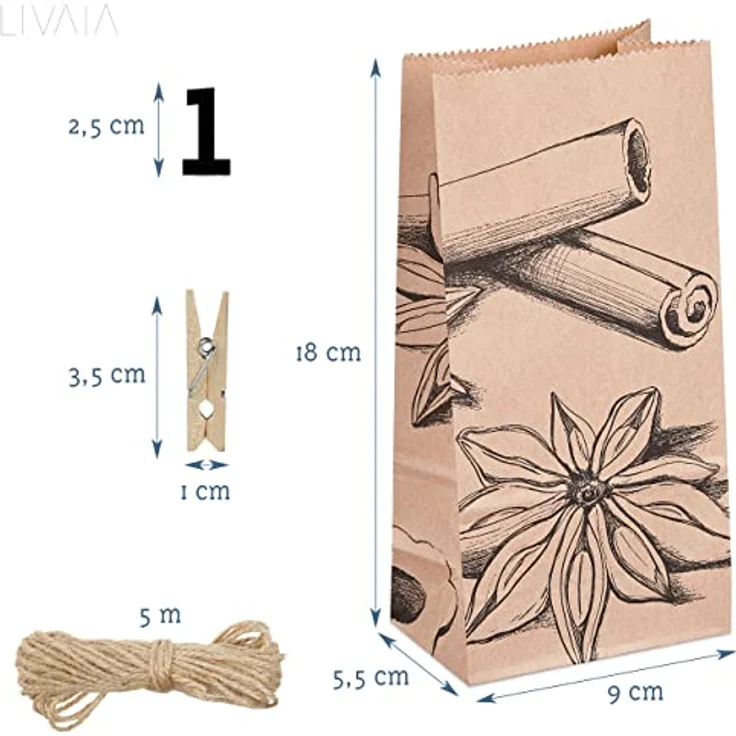 LIVAIA Adventskalender zum Befüllen 2023 – Papiertüten, Zahlen Aufkleber, Band, Holz Klammern – DIY Bastelset mit weihnachtlichen Motiven – Bild 3