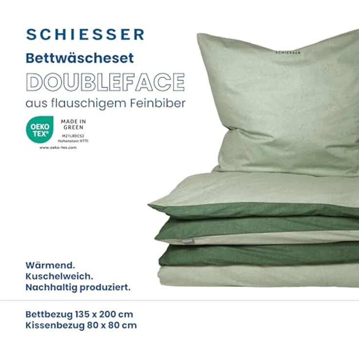 Schiesser Feinbiber Wendebettwäsche Doubleface, 100% Baumwolle, Farbe:Hellgrün-Grün, Größe:135 cm x 200 cm – Bild 2