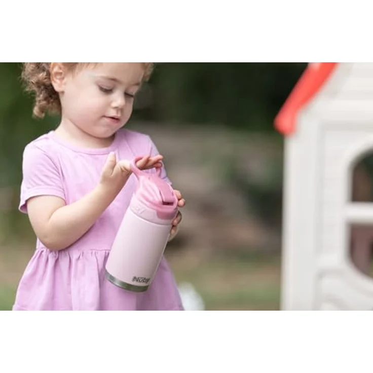 Nuby Flip-It Reflex, Auslaufsichere Edelstahlflasche für Kinder mit Thermodesign und Silikonmundstück, 300 ml, rosa – Bild 2