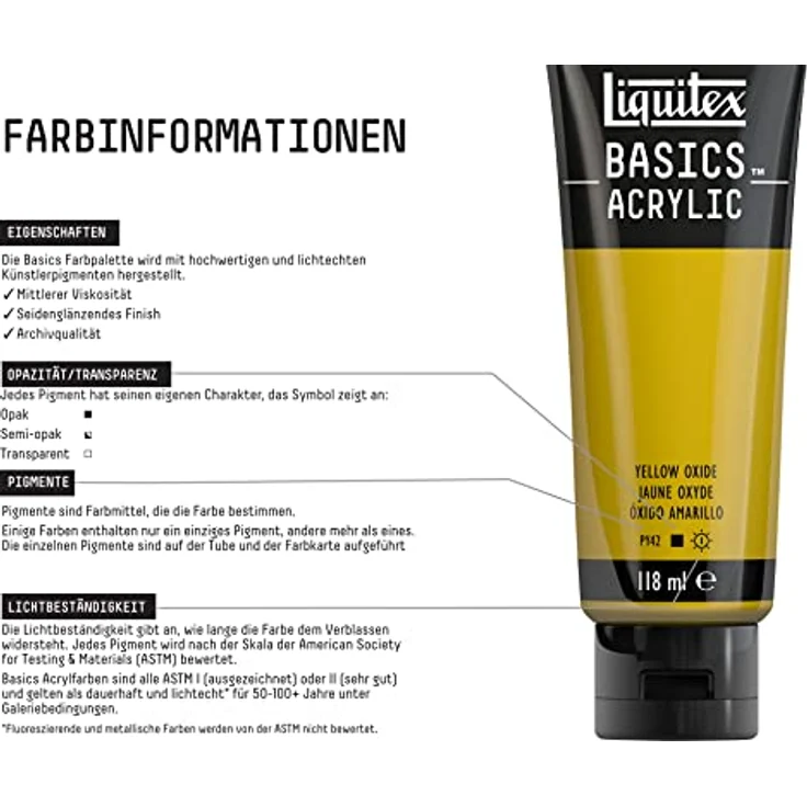 Liquitex Basics Acrylfarbe Oxidgelb, 118ml Tube, lichtecht, mittlere Viskosität, seidenglänzend, monopigmentiert, Archivqualität – Bild 2
