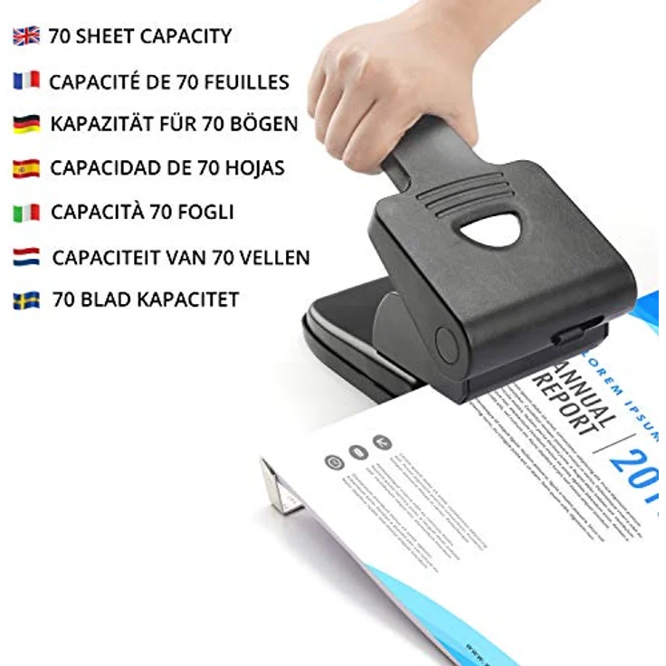 Belle Vous Hochwertiger 2-Loch-Locher Groß - 70 Blatt Kapazität - Abstand der Löcher 8 cm - Schreibtisch Locher für Ordner -Locher Schwarz mit Verriegelbarem Griff - Geeignet für Haus, Büro und Schule – Bild 3