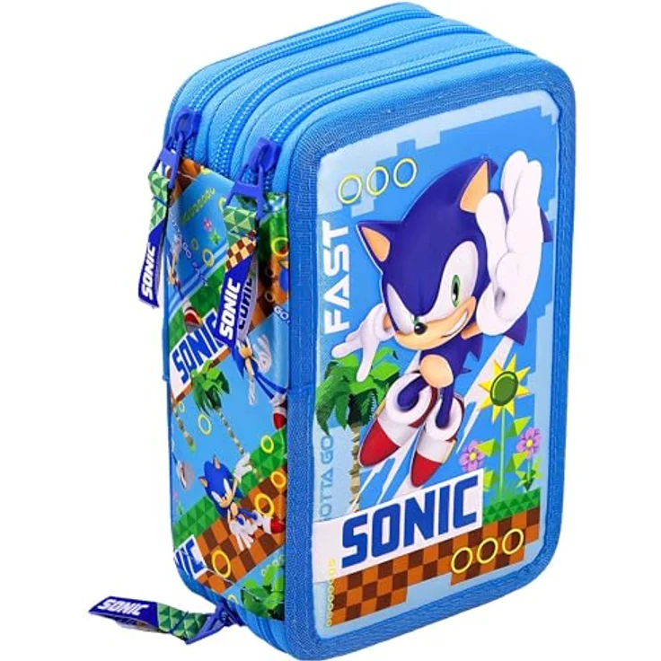 Clondo 3-Fach Federmäppchen für Jungen, gefüllt für Sonic-Fans, 46-teiliges Schulmäppchen Set mit radierbaren Stiften, Filzstiften, Buntstiften - ideal für Schule & als Geschenk – Bild 1