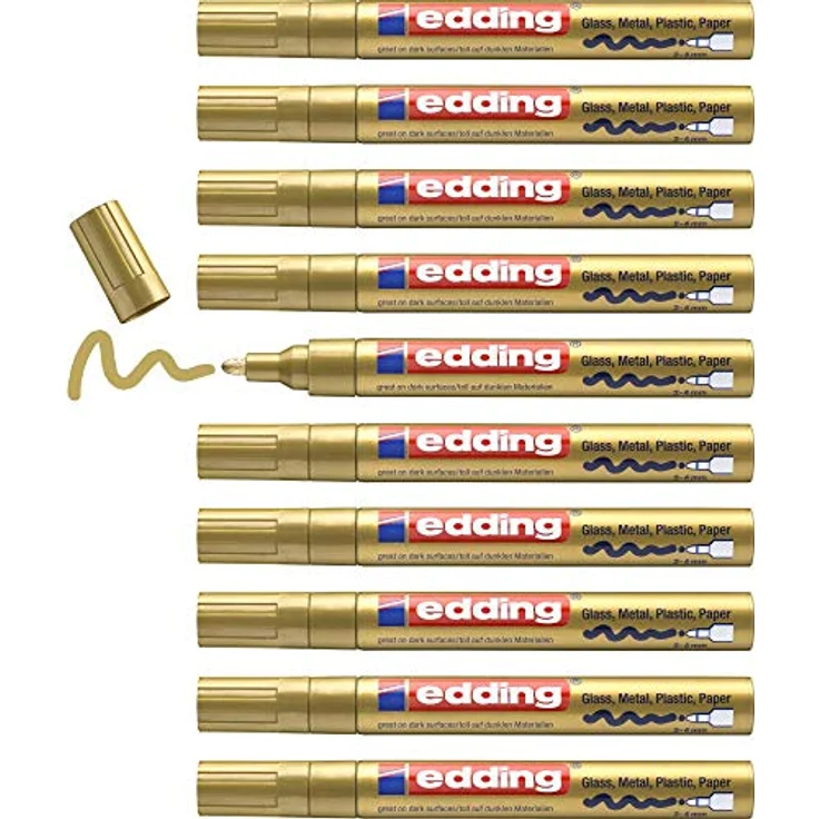 edding 750 Glanzlackmarker gold, 10 wasserfeste Lackmarker mit Rundspitze 2-4 mm für Glas, Stein, Holz, Kunststoff und Papier, stark deckend – Bild 1