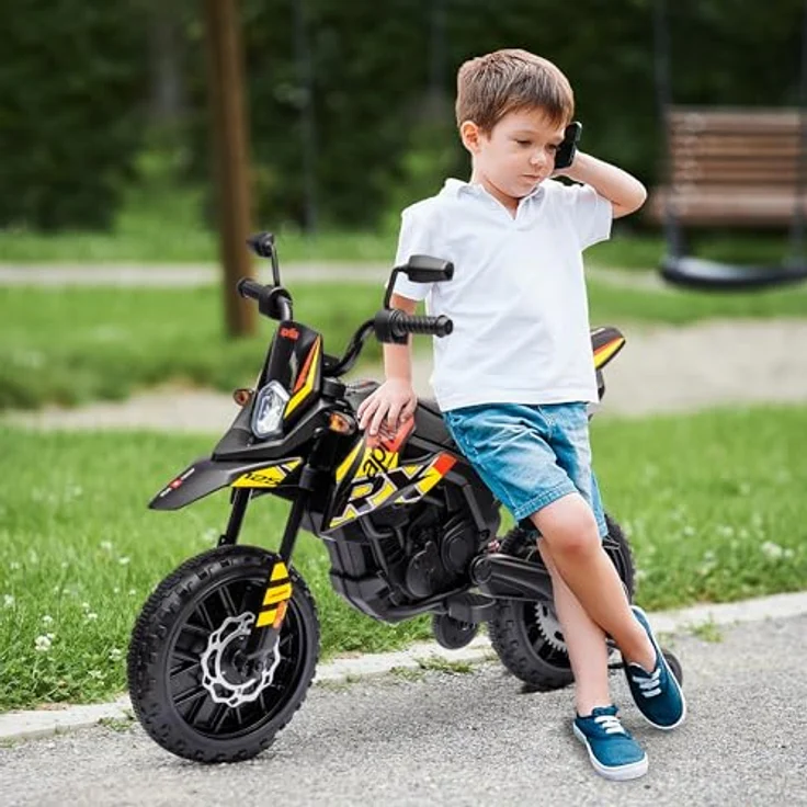 AIYAPLAY Kinder Elektro-Motorrad, 12V Aprilia Kindermotorrad mit Musik, 6 km/h, abnehmbare Trainingsräder, 12 Zoll Kunststoffreifen, Gelb – Bild 2