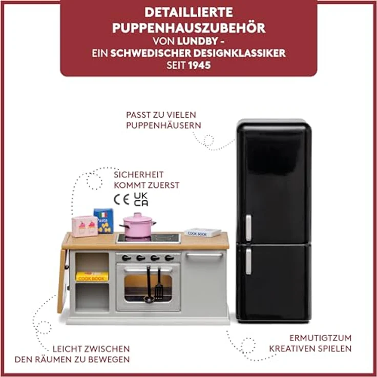 Lundby Puppenhausmöbel Herd und Kühlschrank-Set, 9-teilig in Grau und Schwarz mit LED-Beleuchtung und Küchenaccessoires – Bild 3
