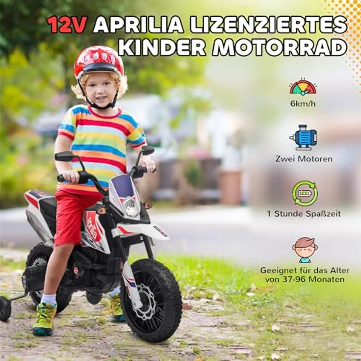 AIYAPLAY Kinder Elektro-Motorrad, 12V Aprilia Kindermotorrad mit Musik, 6 km/h, abnehmbare Trainingsräder, 12 Zoll Kunststoffreifen, max. 30 kg, Weiß – Bild 3