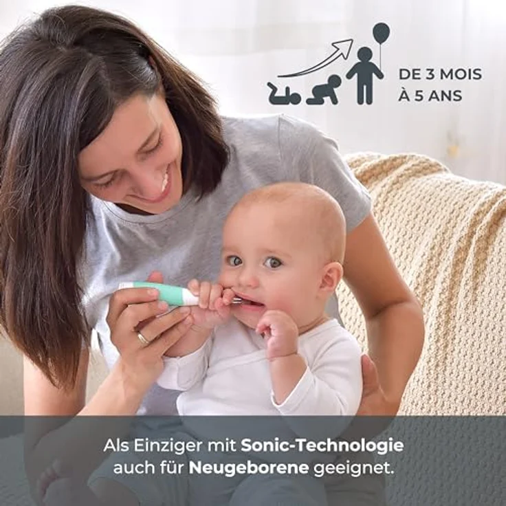 Nuvita 1151B, Elektrische Kinderzahnbürste Sonic Clean & Care, für Kinder 3 Monate bis 5 Jahre, 3 Vibrationsmodi, AIO zugelassen, wasserfest, langlebige DuPont Nylonborsten – Bild 2