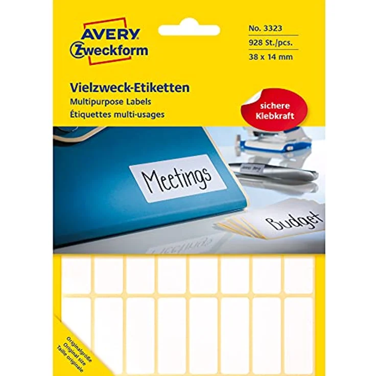 Avery Zweckform 3323 Haushaltsetiketten selbstklebend (38x14mm, 928 Aufkleber auf 29 Bogen, Vielzweck-Etiketten für Haushalt, Schule und Büro zum Beschriften und Kennzeichnen) blanko, weiß – Bild 1
