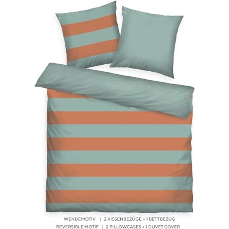 TOM TAILOR Renforcé-Bettwäsche, BOLD STRIPES Orange, Türkis (Warm Coral & Fresh Sage), 100% Baumwolle, Wendemotiv & farbiger Reißverschluss – Bild 2