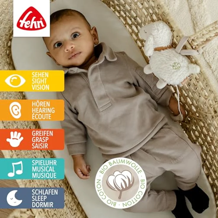 Fehn Spieluhr fehnNATUR, Mini-Spieluhr Schaf mit Bio-Baumwolle, Melodie „Brahms Wiegenlied“ – Bild 2