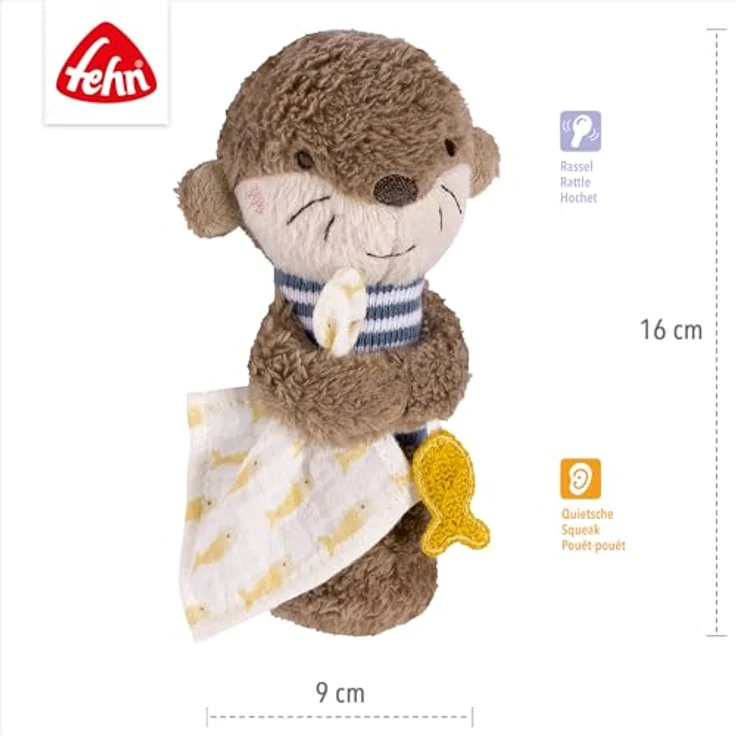 Fehn Greifling Otter Theo, Stabgreifling mit Rassel und Quietsche, für Babys ab 0 Monaten, ideal als Geschenk – Bild 4