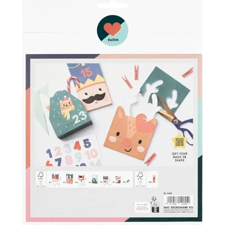 Folia Adventskalender SANTA & FRIENDS, 72-teiliges Set mit 24 Papiertüten in verschiedenen Größen und nachhaltigen Materialien, dunklerot – Bild 2