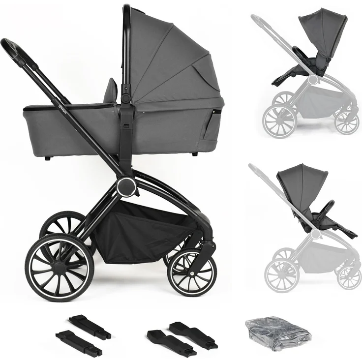 BabyGo 2in1 Kombikinderwagen Harmony, grau - Sicherheitsstandards, verstellbare Griffhöhe, klappmechanisme, inklusive Babywanne und Zubehörset