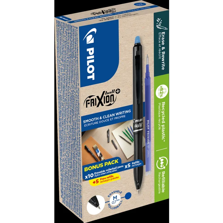 Pilot Frixion Ball Plus+ 0.7, radierbarer Rollerball aus 82 % recyceltem Kunststoff, blau, Greenpack mit 10 Refills