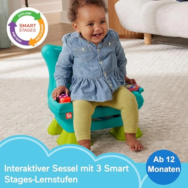 Fisher-Price Lernspaß Musikstuhl E3, interaktiver Lernstuhl für Babys mit 120+ Liedern und dreisprachiger Sprachwahl (Deutsch, Französisch, Englisch) – Bild 2
