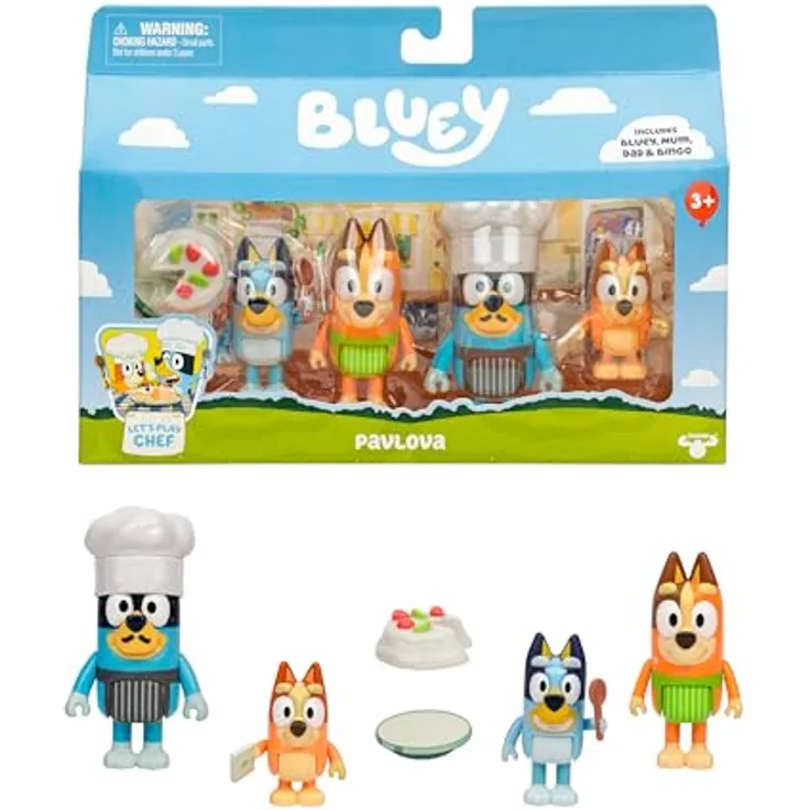 BlueY Es ist Zeit für Pavlova, 4er-Figurenpackung „Café-Wettkampf“ mit beweglichen Gelenken, enthält Bingo, Bandit (mit Chefkochmütze), Chilli und 2 Zubehörteile, 6-7,6 cm groß