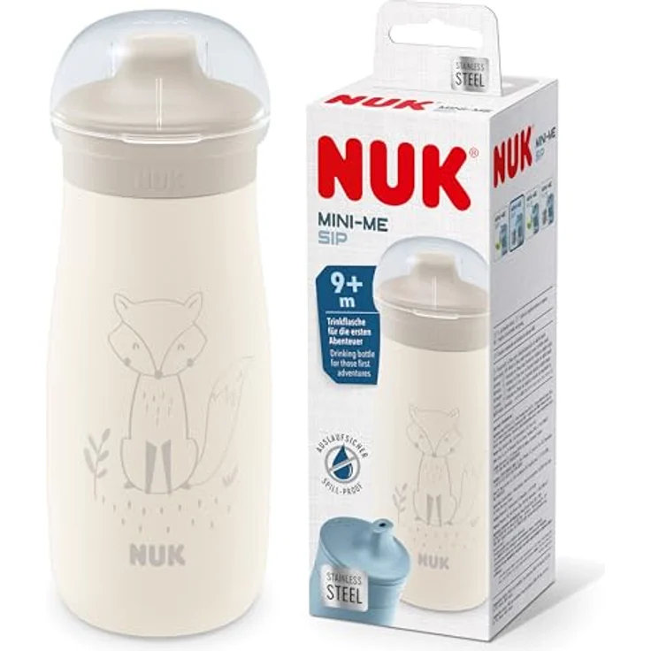 Nuk Edelstahl-Trinkflasche Mini-Me Sip Cup, 300 ml mit bissfestem Trinkaufsatz, auslaufsicher, Beige - Fuchs – Bild 1