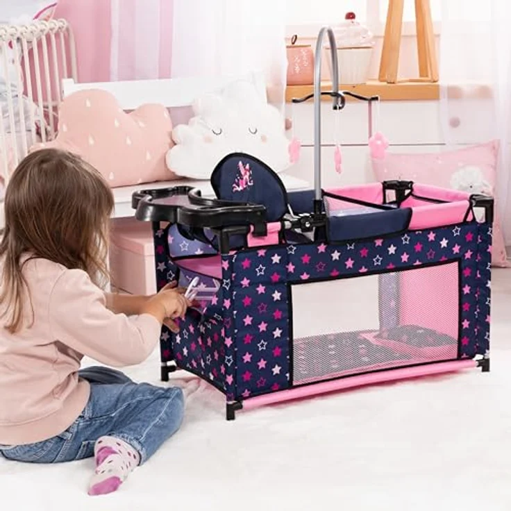 Bayer Puppenbett Multibett, mit integriertem Hochstuhl, Wickelablage und Mobile, Spielmöglichkeiten für Puppen, inkl. Kleiderbügel 3er Set – Bild 6