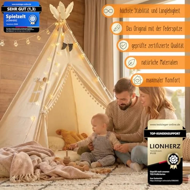 LIONHERZ® DAS ORIGINAL Tipi Zelt für Kinder, 100% Baumwolle, stabil mit Matte, Federdeko, Tragetasche, cremeweiß – Bild 2