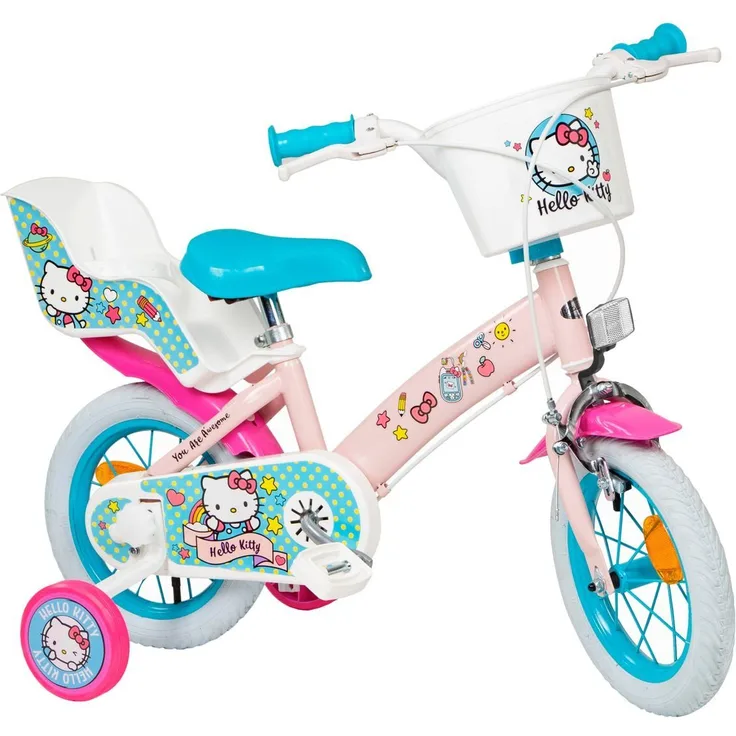 Toimsa Bikes Kinderfahrrad 12 Zoll Hello Kitty 1249, Puppensitz, Korb, Stützräder, Hi-Ten Stahlrahmen, Luftbereifung