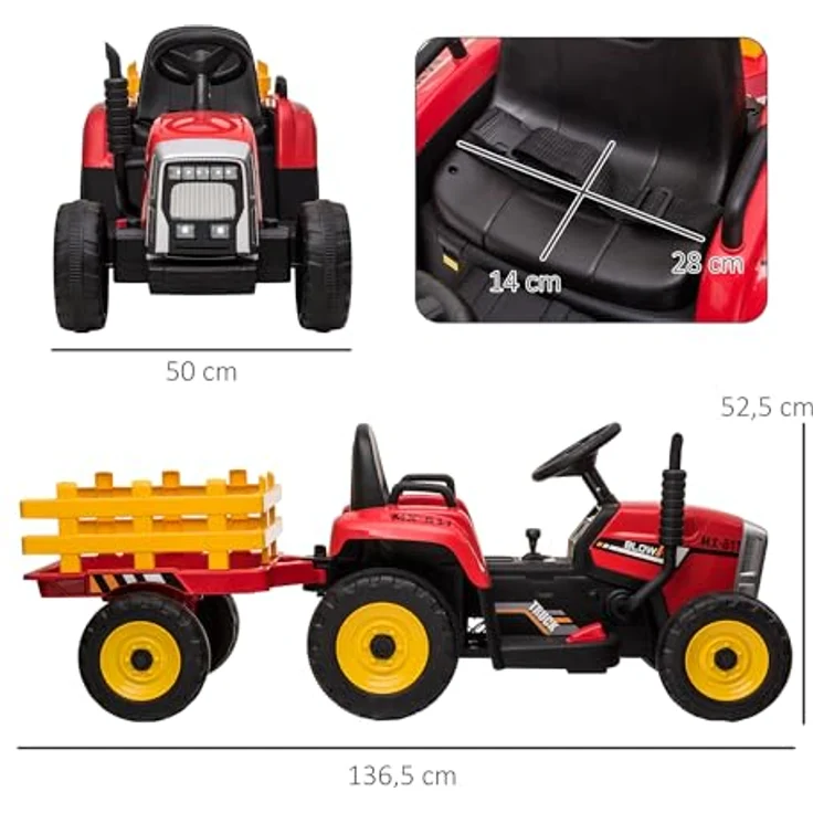 HOMCOM Elektro-Kinderauto Elektrischer Traktor mit Anhänger und Fernbedienung, Belastbarkeit 30 kg, für Garten und Balkon, Rot – Bild 5