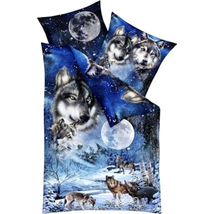 JACK by Kaeppel Mako Satin 135x200cm Digitaldruck Bettwäsche 2 TLG. Wolf Nights Saphir Blau Anthrazit Grau Wölfe – Bild 4