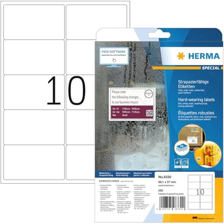 HERMA 250 Folien-Versandetiketten 8330, selbstklebend, weiß, 99,1 x 57,0 mm, temperaturbeständig, wasserabweisend, abwaschbar, reißfest – Bild 1