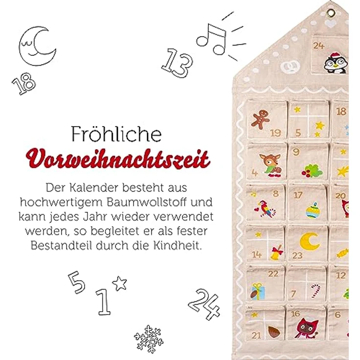 tonies Adventskalender 2023 Lebkuchenhaus – Adventskalender zum Befüllen aus 100% Baumwolle – Kinder Adventskalender Design mit 24 aufgenähten Falttaschen – Bild 4