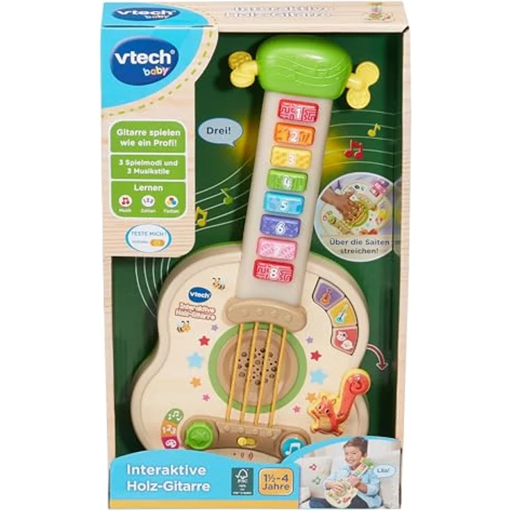 Vtech Interaktive Holz-Gitarre, 3 Spielmodi, 8 bunte Tasten, aufleuchtende Gitarrentasten, 4 gesungene Lieder, kindersicheres Batteriefach – Bild 5