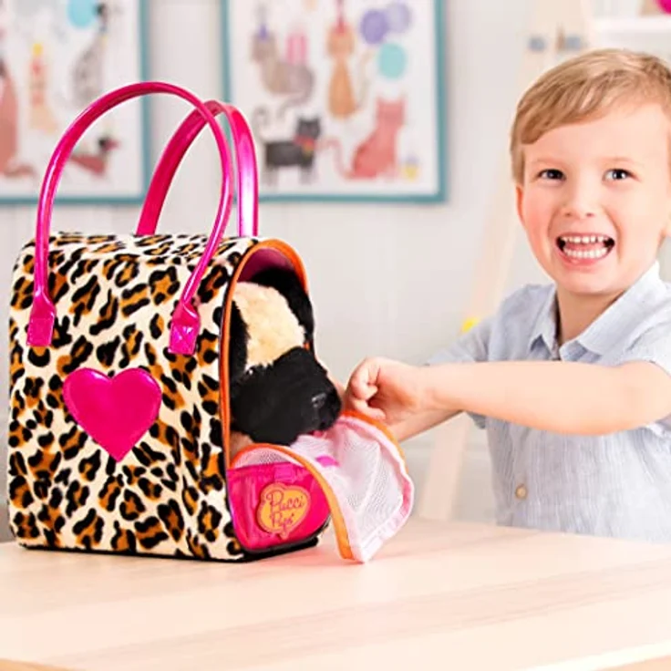 Pucci Pups Mops Kuscheltier Hund in Handtasche mit Zubehör – Plüschtier Welpe in Leopardenmuster Tasche – Spielzeug für Kinder ab 2 Jahre – Bild 2