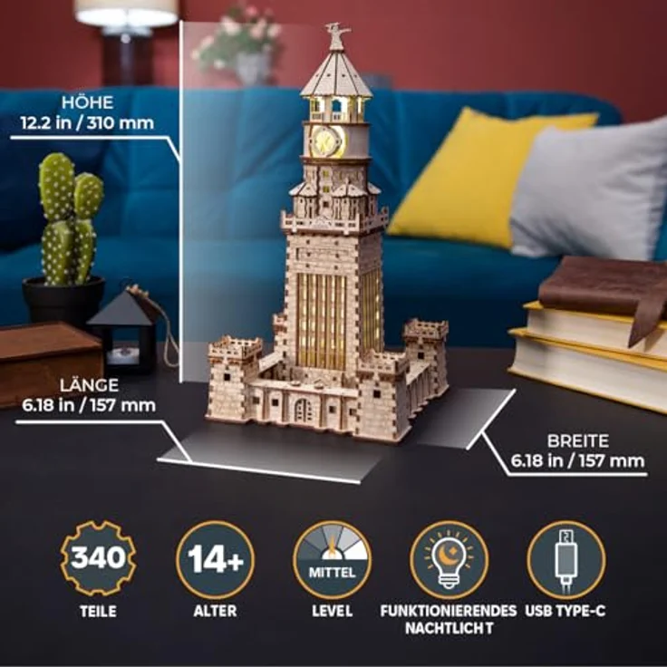 UGEARS Leuchtturm von Alexandria, 3D Holzpuzzle Bausatz für Erwachsene mit LED-Nachtlicht, 340 Teile, historisches Design – Bild 2