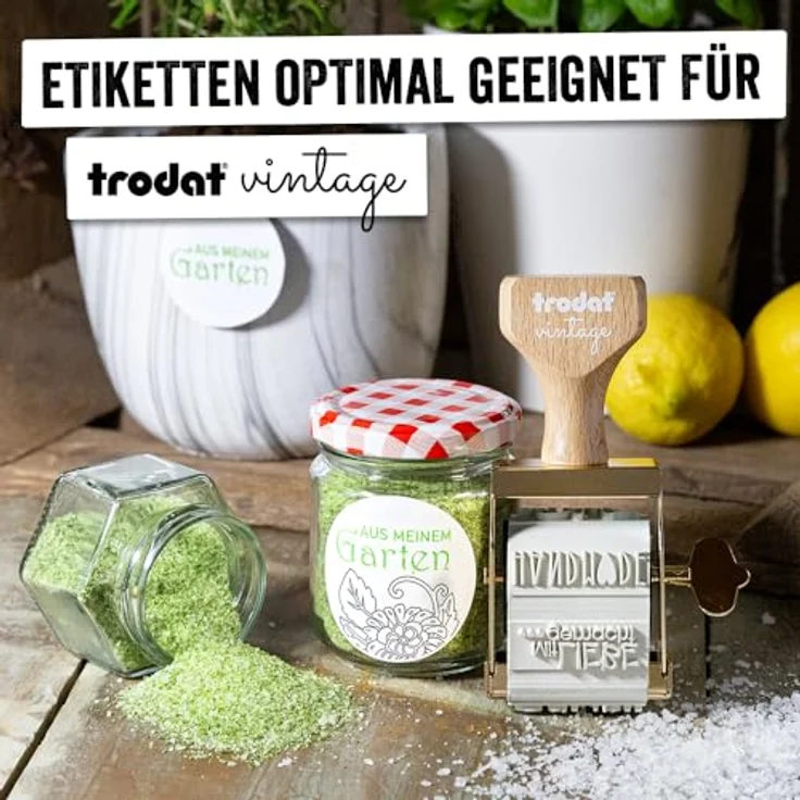 Trodat Vintage Etiketten zum kreativen Gestalten – 36 selbstklebende Etiketten, 9 Designs, sprachneutral, wasserfest, Etikettenbreite 5cm, Etikettenlänge 2-5cm, optimal für trodat vintage Stempel – Bild 4